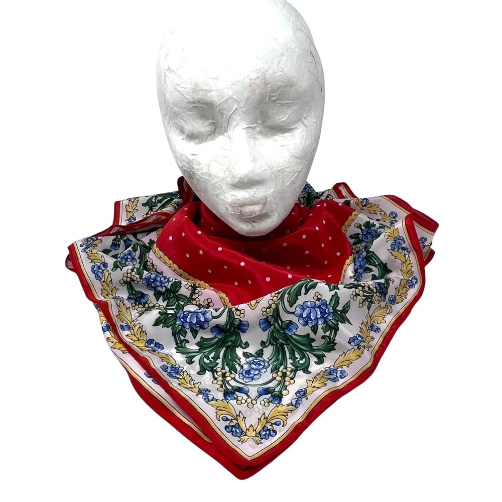 Red Floral Polka Dot Women's Square Scarf Preppy Old‎ Money French Girl Office